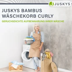 Bambus Wäschekorb Curly-Round 55 L Wäschekorb mit Deckel, Tragegriff & Stoff-Wäschesack