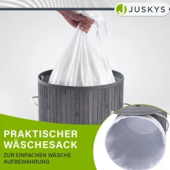 Bambus Wäschekorb Curly-Round 55 L Wäschekorb mit Deckel, Tragegriff & Stoff-Wäschesack