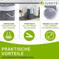 Bambus Wäschekorb Curly-Round 55 L Wäschekorb mit Deckel, Tragegriff & Stoff-Wäschesack