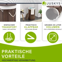 Bambus Wäschekorb Curly-Round 55 L Wäschekorb mit Deckel, Tragegriff & Stoff-Wäschesack