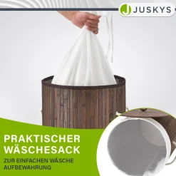 Bambus Wäschekorb Curly-Round 55 L Wäschekorb mit Deckel, Tragegriff & Stoff-Wäschesack