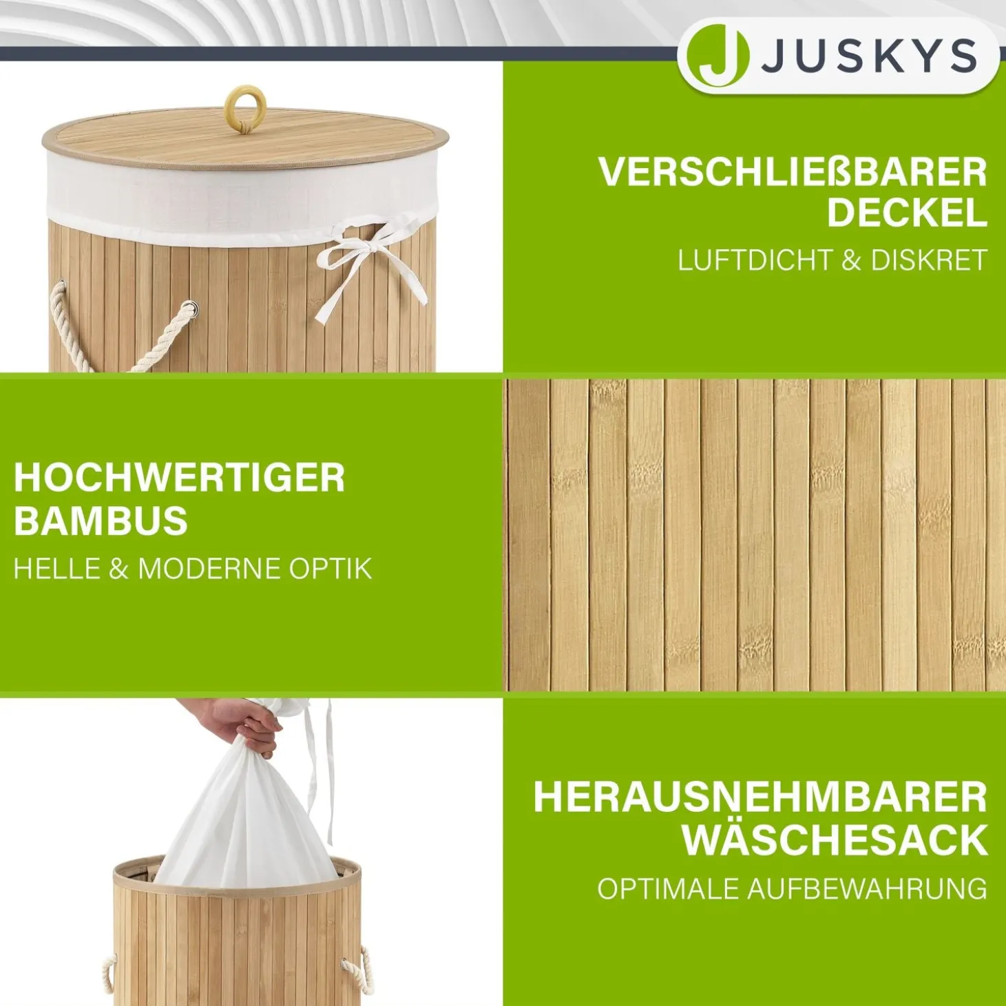 Bambus Wäschekorb Curly-Round 55 L Wäschekorb mit Deckel, Tragegriff & Stoff-Wäschesack