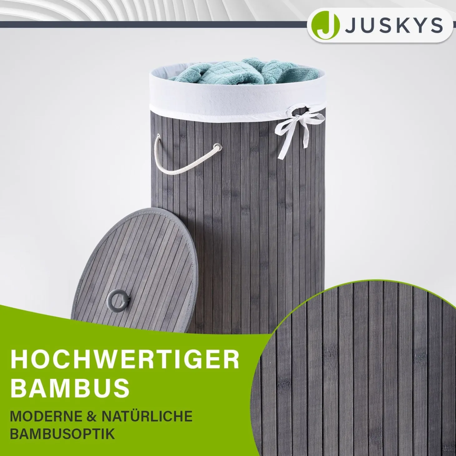 Bambus Wäschekorb Curly-Round 55 L Wäschekorb mit Deckel, Tragegriff & Stoff-Wäschesack