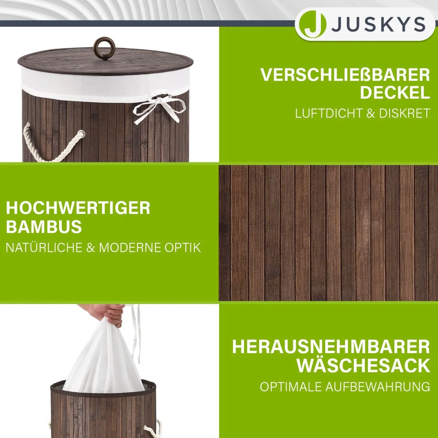 Bambus Wäschekorb Curly-Round 55 L Wäschekorb mit Deckel, Tragegriff & Stoff-Wäschesack