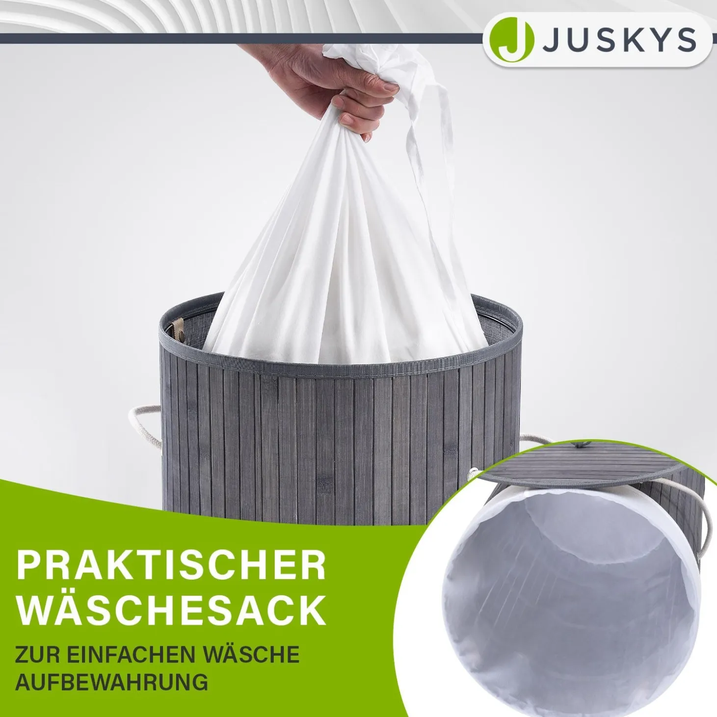 Bambus Wäschekorb Curly-Round 55 L Wäschekorb mit Deckel, Tragegriff & Stoff-Wäschesack
