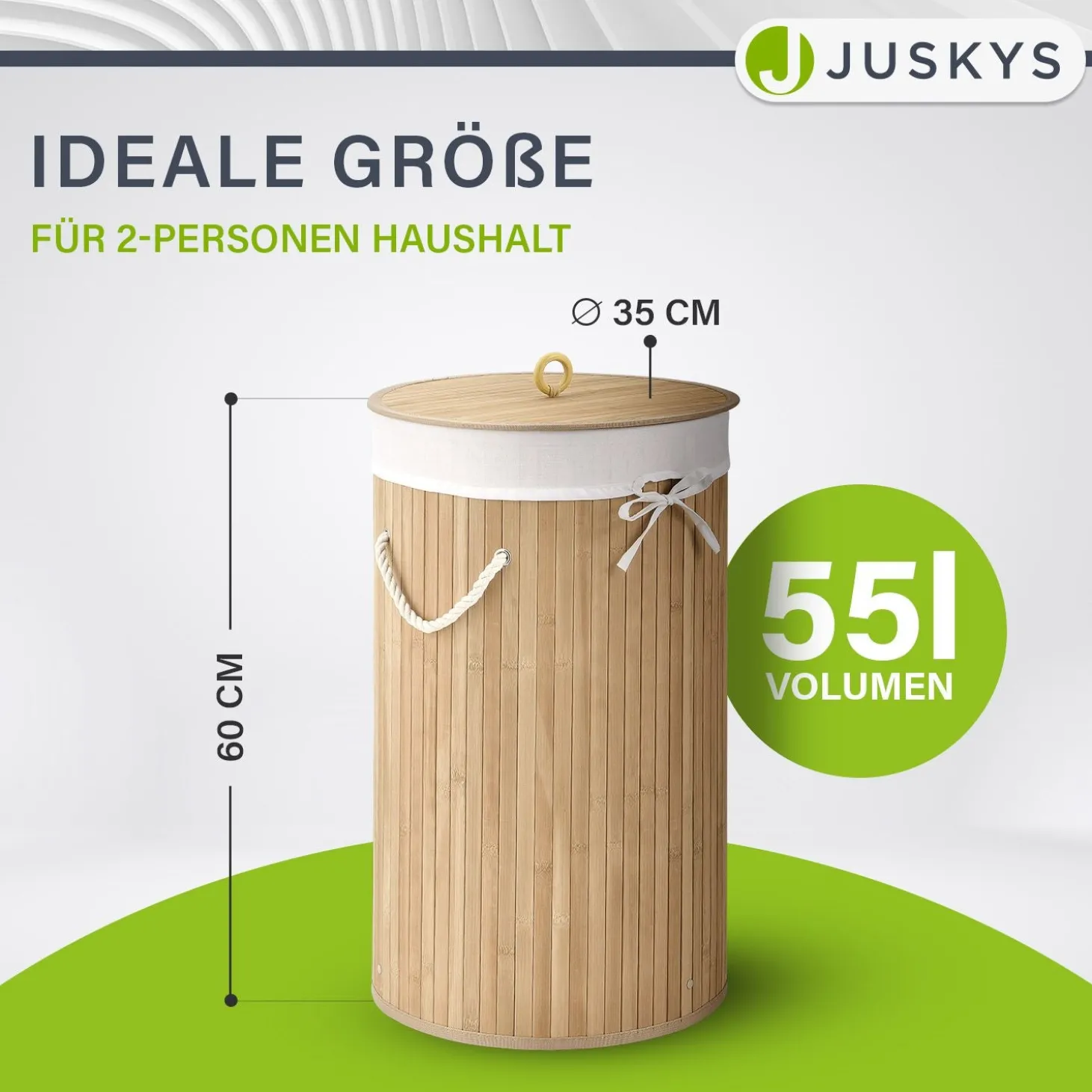 Bambus Wäschekorb Curly-Round 55 L Wäschekorb mit Deckel, Tragegriff & Stoff-Wäschesack