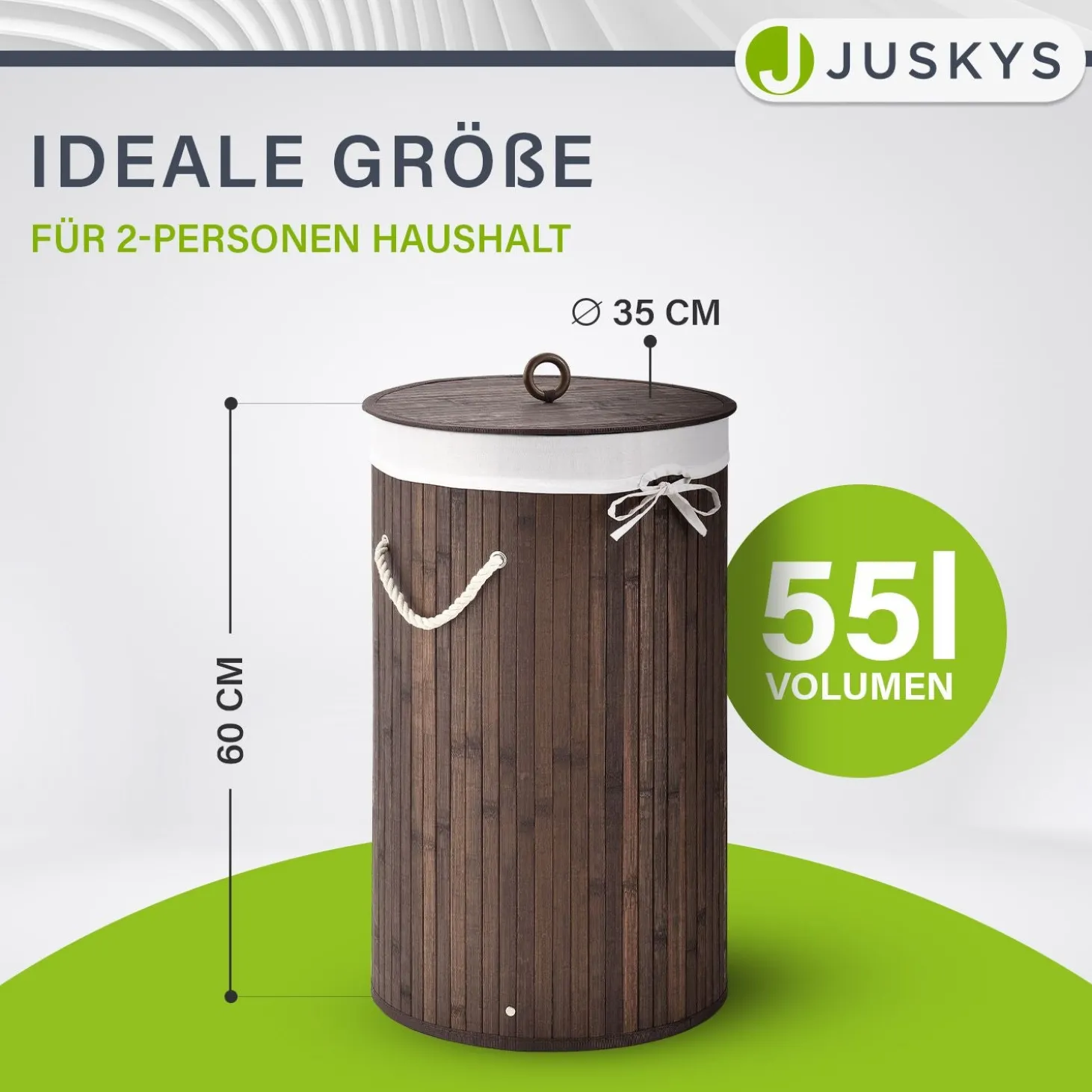 Bambus Wäschekorb Curly-Round 55 L Wäschekorb mit Deckel, Tragegriff & Stoff-Wäschesack