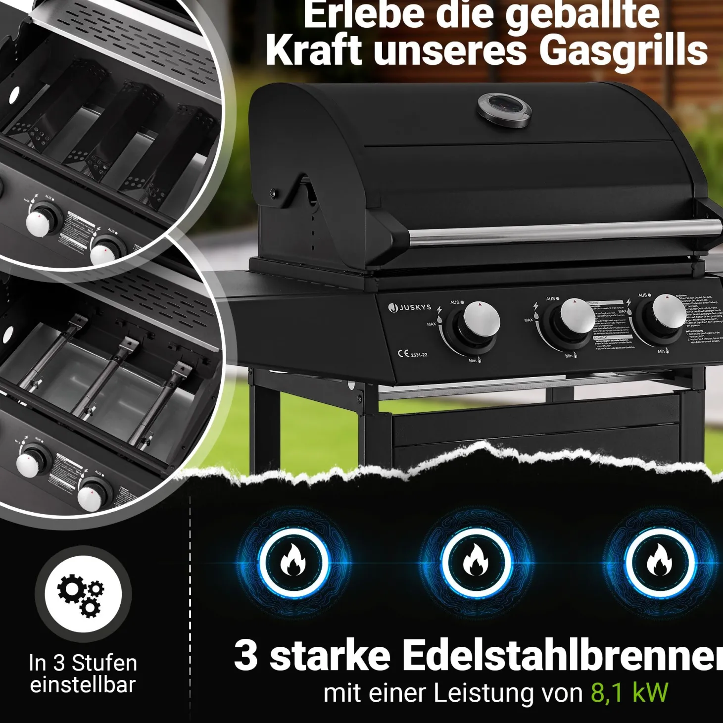 BBQ Gasgrill Louisiana Kompakter Grillwagen für Zuhause mit 3 Brennern & Plane