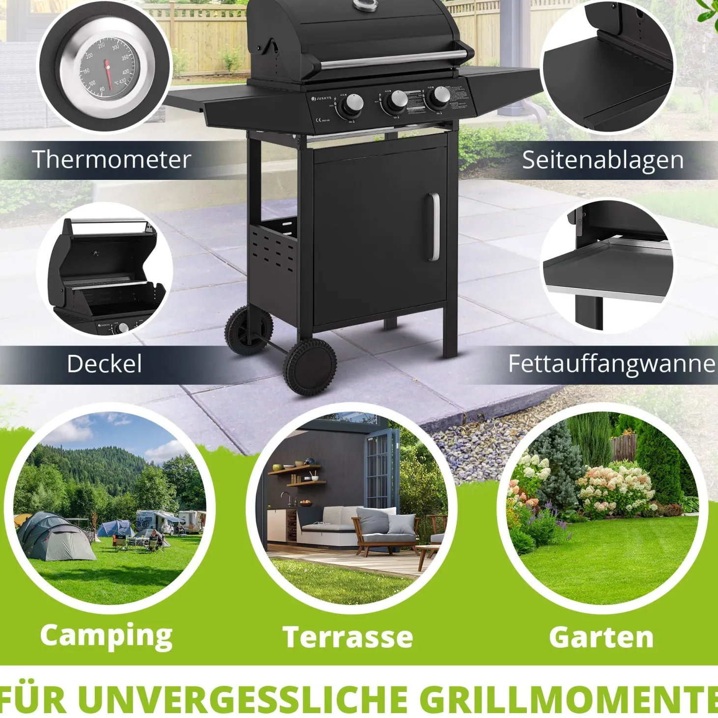 BBQ Gasgrill Louisiana Kompakter Grillwagen für Zuhause mit 3 Brennern & Plane