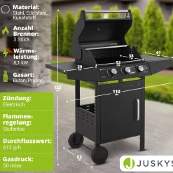 BBQ Gasgrill Louisiana Kompakter Grillwagen für Zuhause mit 3 Brennern & Plane