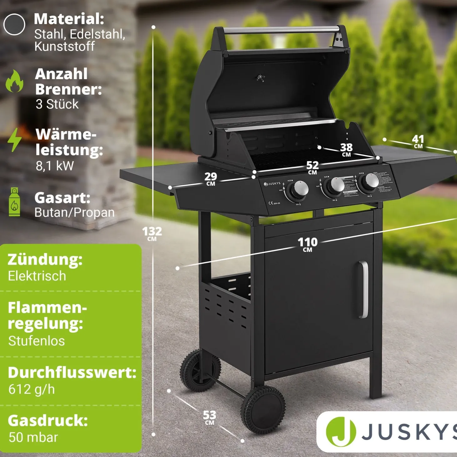 BBQ Gasgrill Louisiana Kompakter Grillwagen für Zuhause mit 3 Brennern & Plane