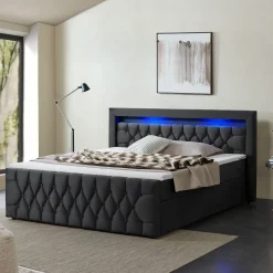 Boxspringbett Leona - Samt Bettgestell mit Federkernmatratze, Topper und LED-Beleuchtung