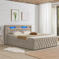 Boxspringbett Leona - Samt Bettgestell mit Federkernmatratze, Topper und LED-Beleuchtung