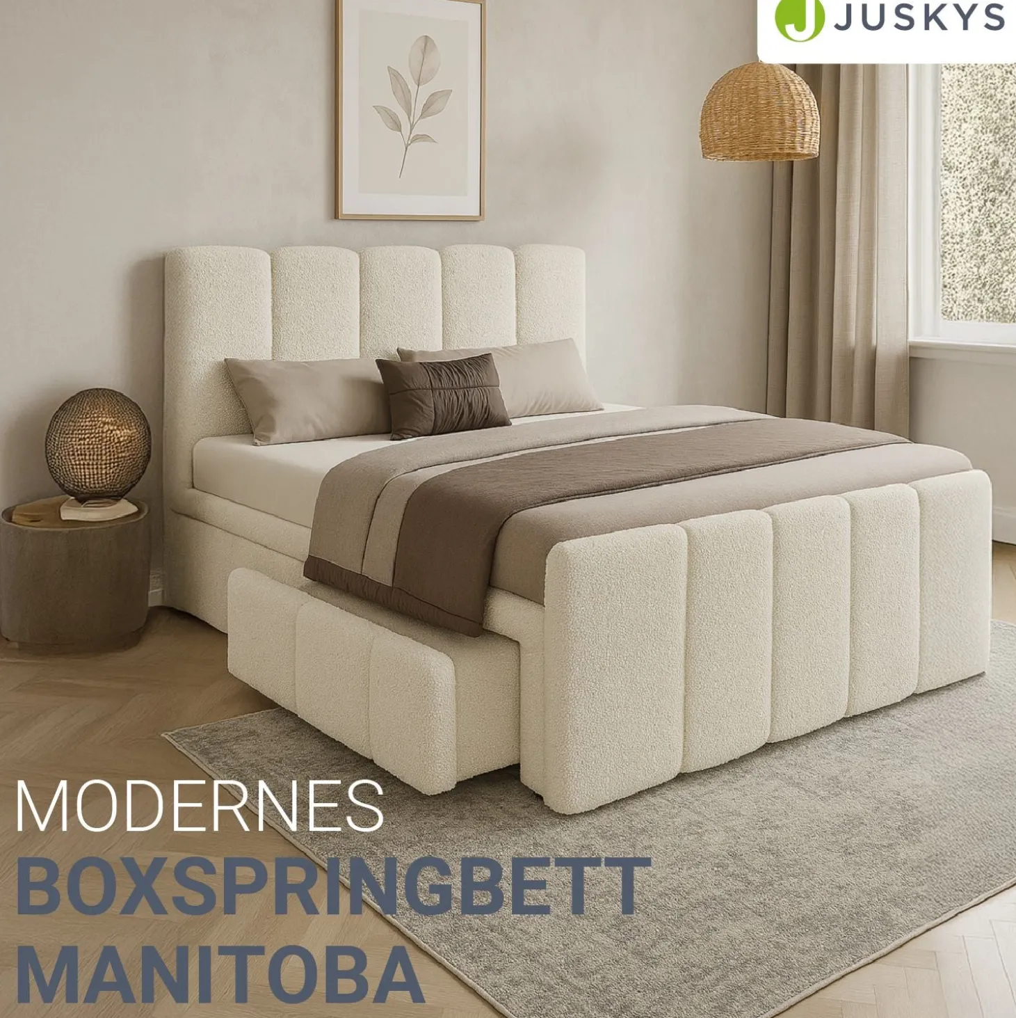 Boxspringbett Manitoba - Bouclé-Stoff Komfortables Boxspringbett 180 x 200 cm mit oder ohne Bettkasten