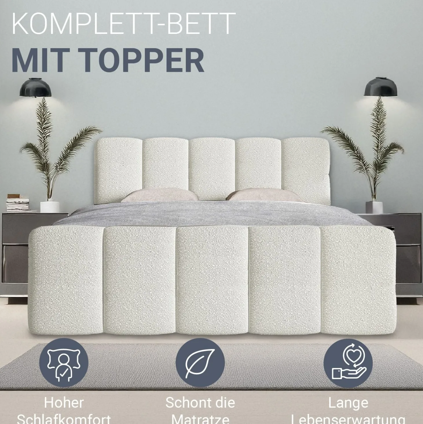 Boxspringbett Manitoba - Bouclé-Stoff Komfortables Boxspringbett 180 x 200 cm mit oder ohne Bettkasten
