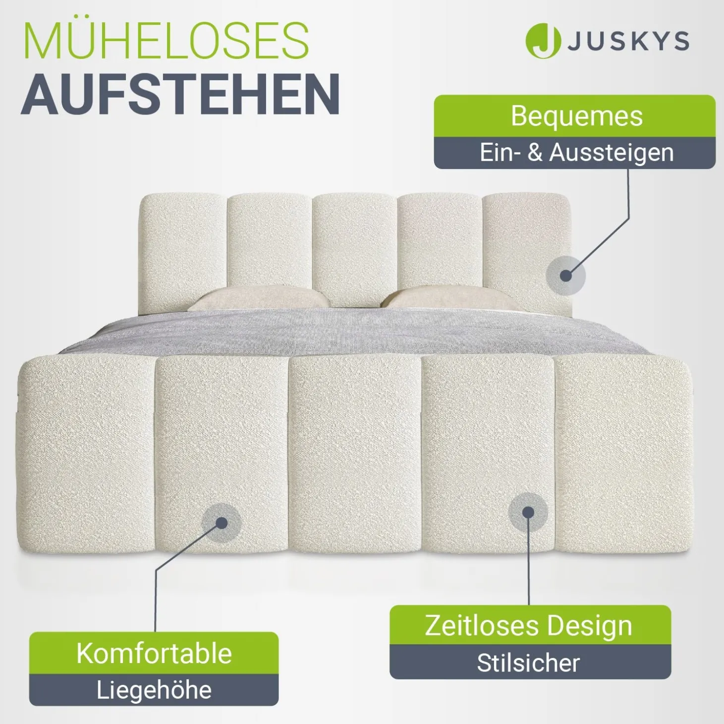Boxspringbett Manitoba - Bouclé-Stoff Komfortables Boxspringbett 180 x 200 cm mit oder ohne Bettkasten