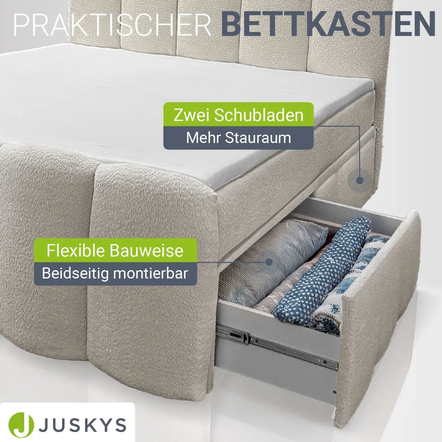 Boxspringbett Manitoba - Bouclé-Stoff Komfortables Boxspringbett 180 x 200 cm mit oder ohne Bettkasten