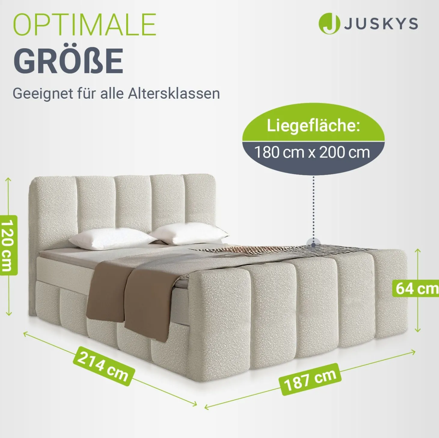 Boxspringbett Manitoba - Bouclé-Stoff Komfortables Boxspringbett 180 x 200 cm mit oder ohne Bettkasten