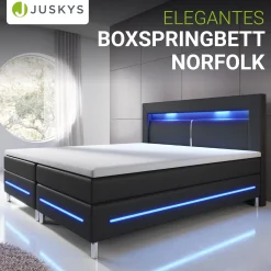 Boxspringbett Norfolk - Kunstleder Bettgestell mit Federkernmatratze, Topper und LED-Beleuchtung