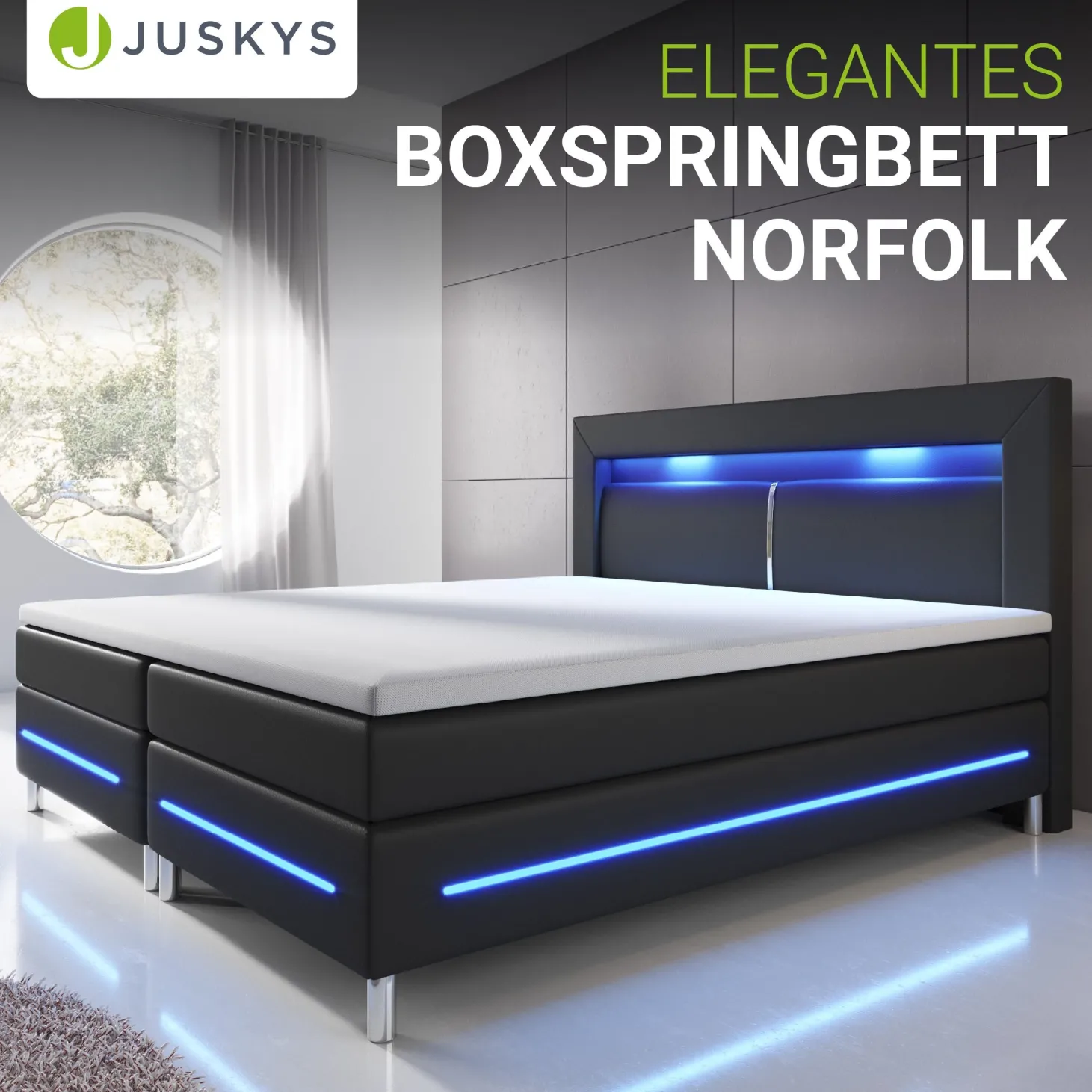 Boxspringbett Norfolk - Kunstleder Bettgestell mit Federkernmatratze, Topper und LED-Beleuchtung