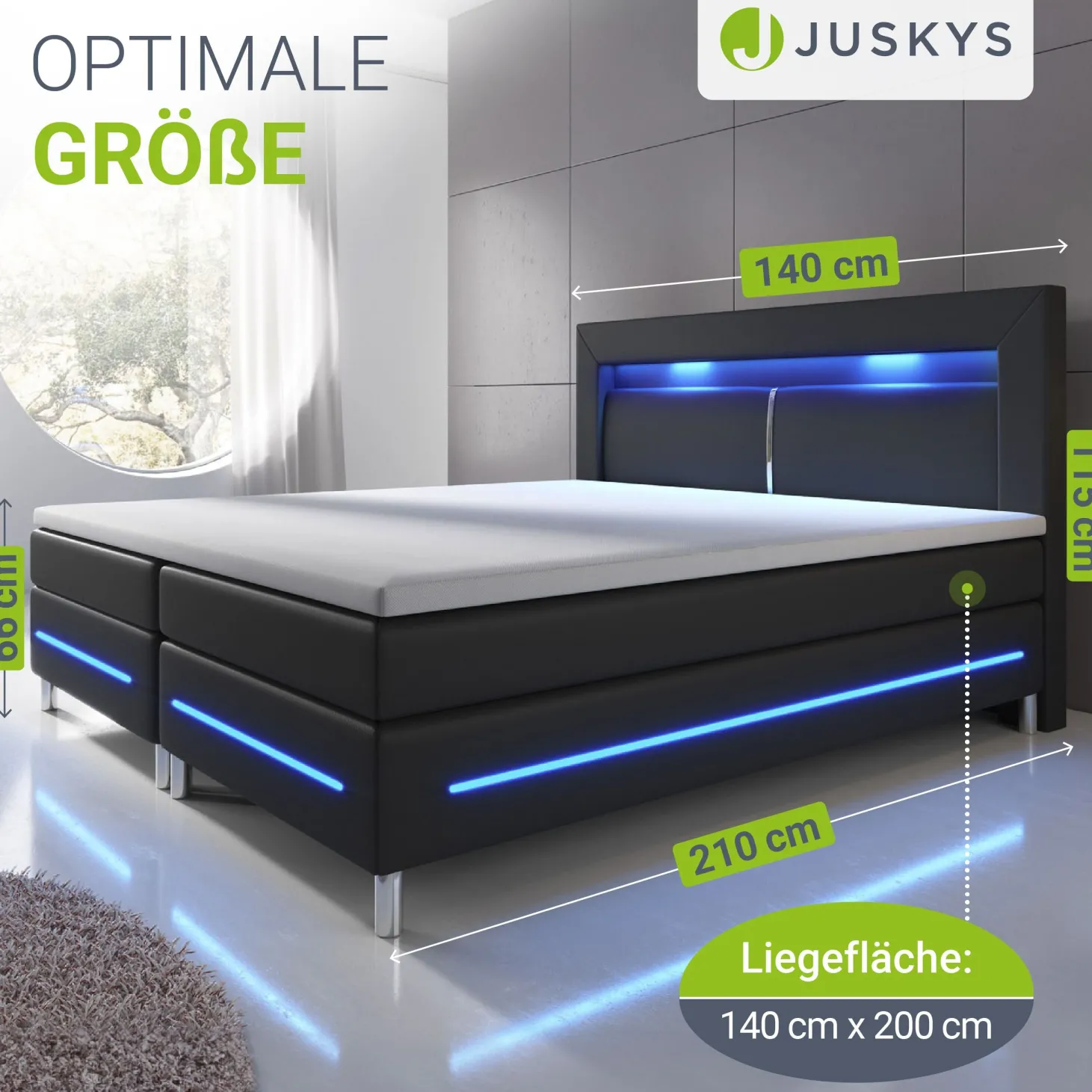Boxspringbett Norfolk - Kunstleder Bettgestell mit Federkernmatratze, Topper und LED-Beleuchtung