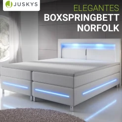Boxspringbett Norfolk - Kunstleder Bettgestell mit Federkernmatratze, Topper und LED-Beleuchtung