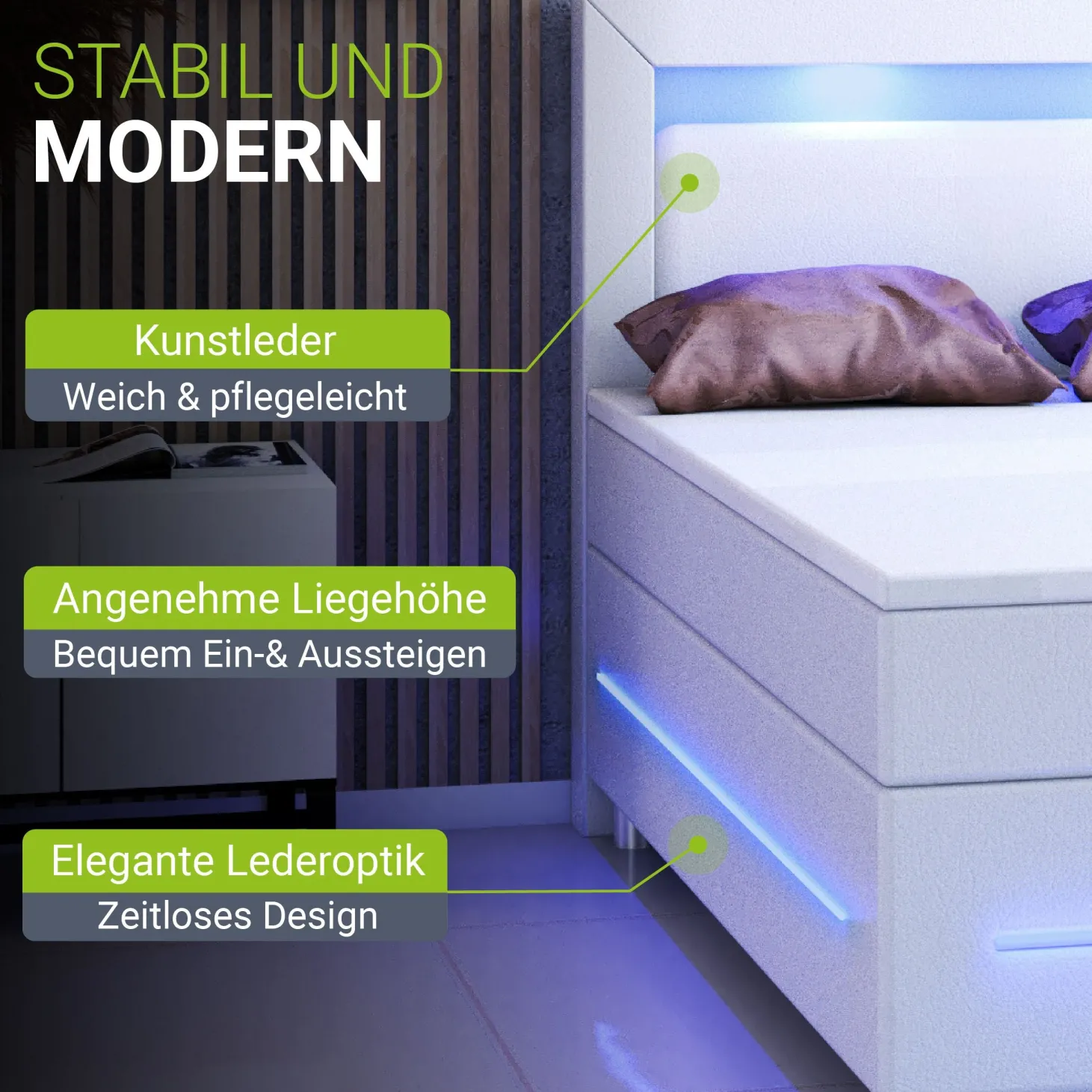 Boxspringbett Norfolk - Kunstleder Bettgestell mit Federkernmatratze, Topper und LED-Beleuchtung