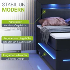 Boxspringbett Norfolk - Kunstleder Bettgestell mit Federkernmatratze, Topper und LED-Beleuchtung