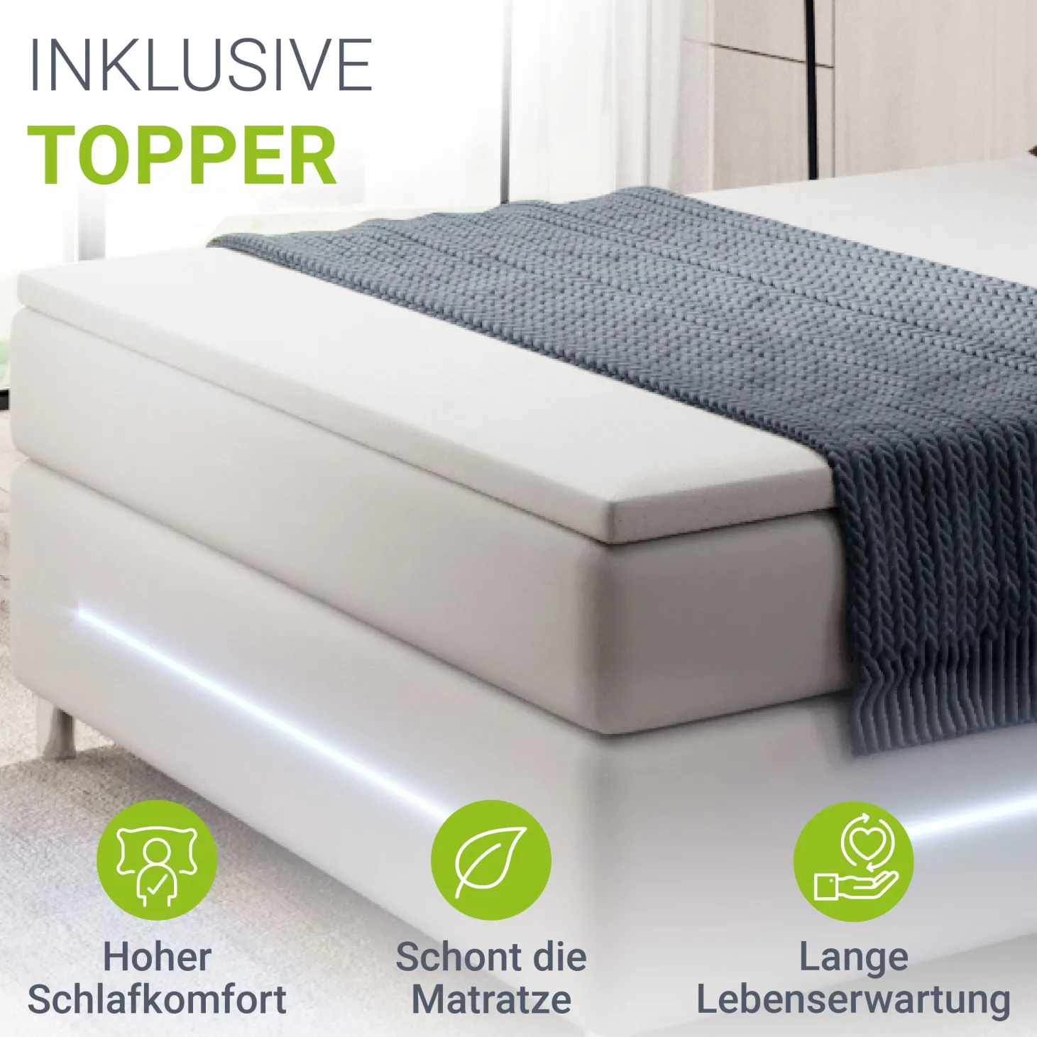 Boxspringbett Norfolk - Kunstleder Bettgestell mit Federkernmatratze, Topper und LED-Beleuchtung