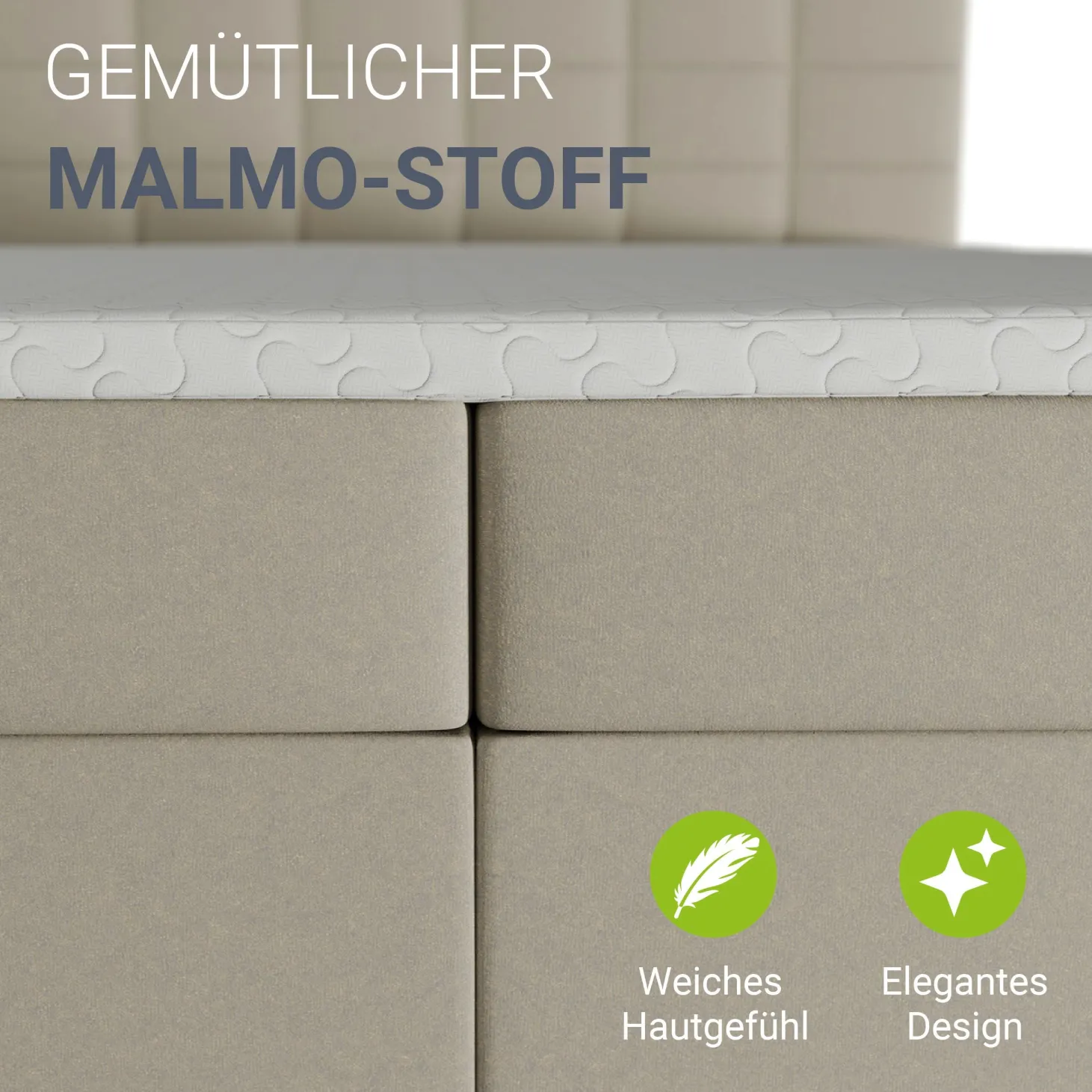 Boxspringbett Seattle - Malmo-Stoff Eleganz & Komfort: Gepolstertes Kopfteil, Federkernmatratze