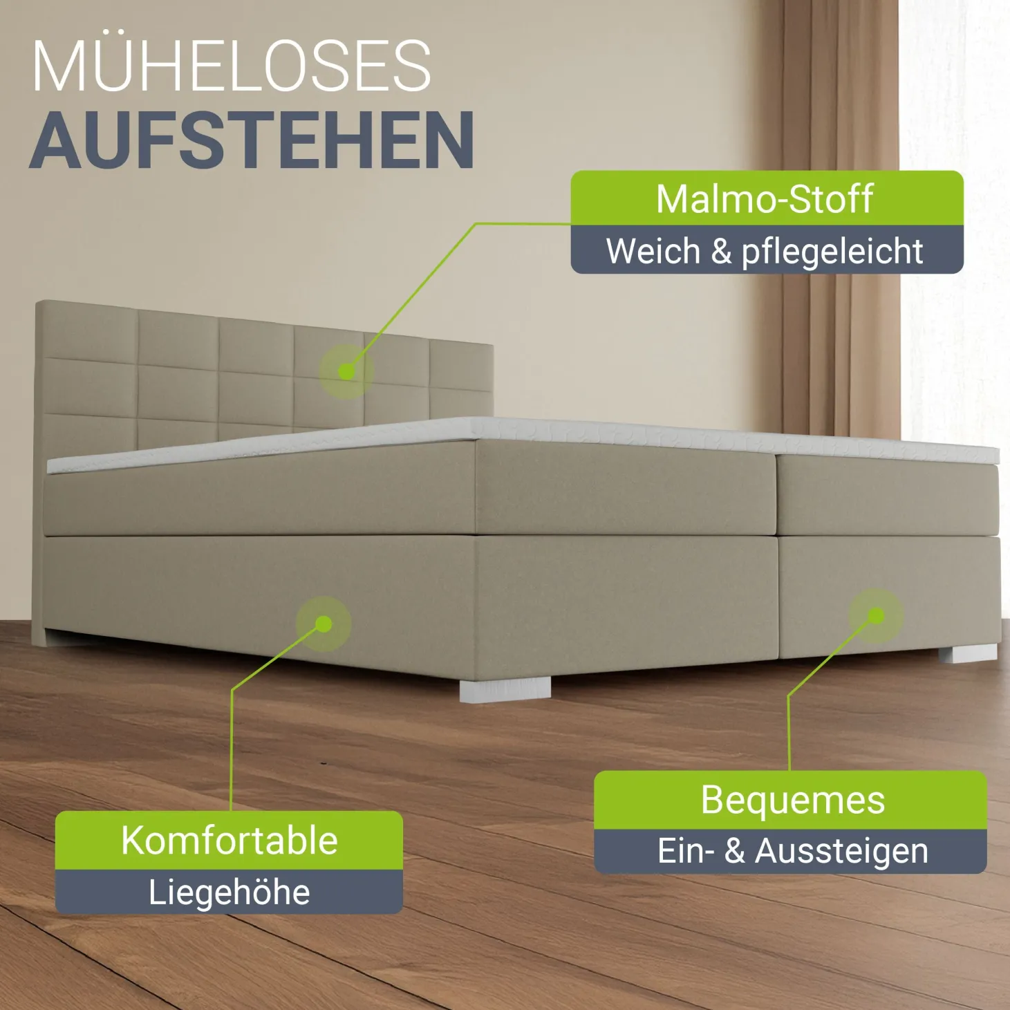 Boxspringbett Seattle - Malmo-Stoff Eleganz & Komfort: Gepolstertes Kopfteil, Federkernmatratze