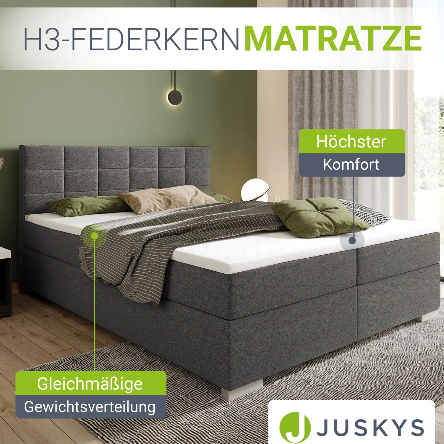 Boxspringbett Seattle - Malmo-Stoff Eleganz & Komfort: Gepolstertes Kopfteil, Federkernmatratze