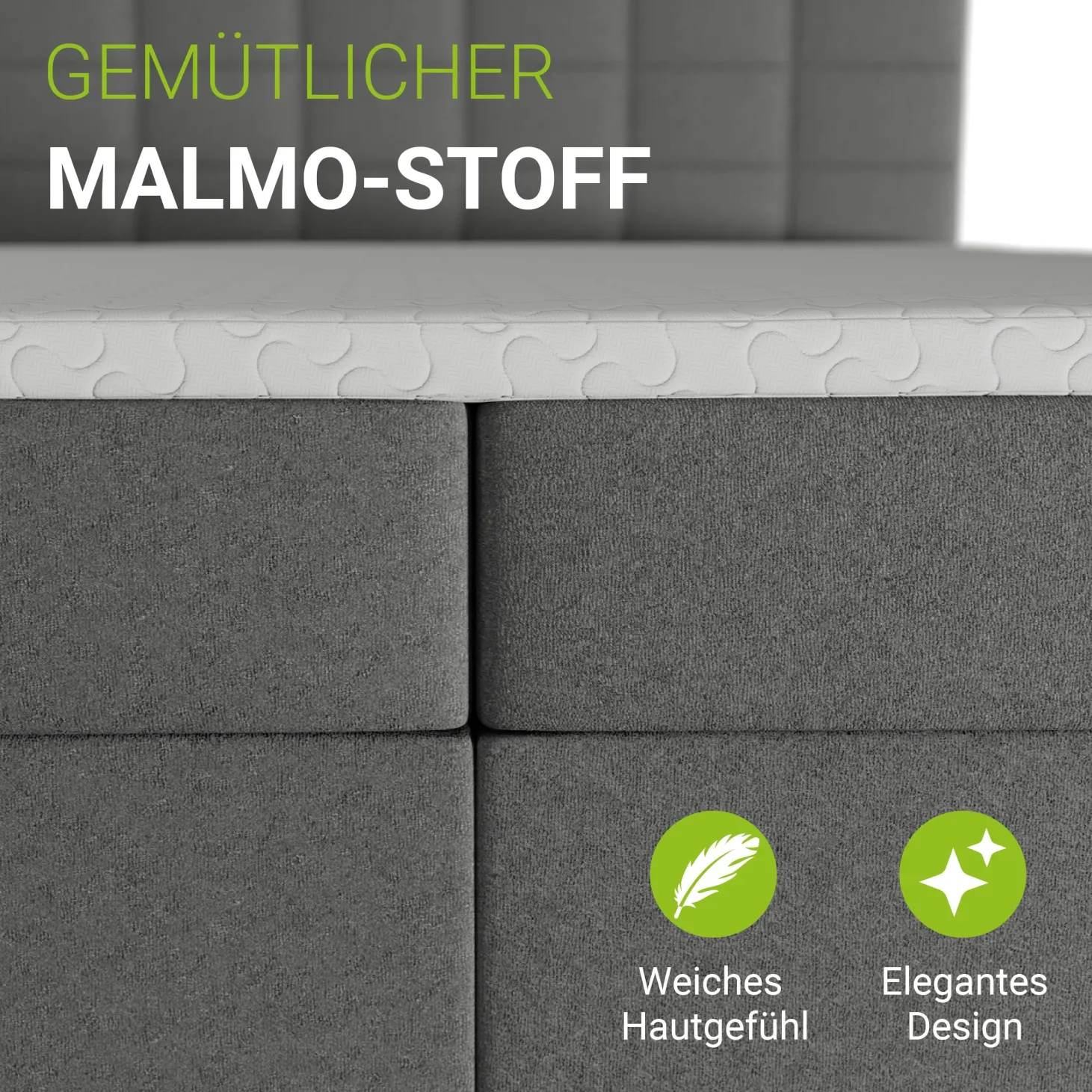 Boxspringbett Seattle - Malmo-Stoff Eleganz & Komfort: Gepolstertes Kopfteil, Federkernmatratze