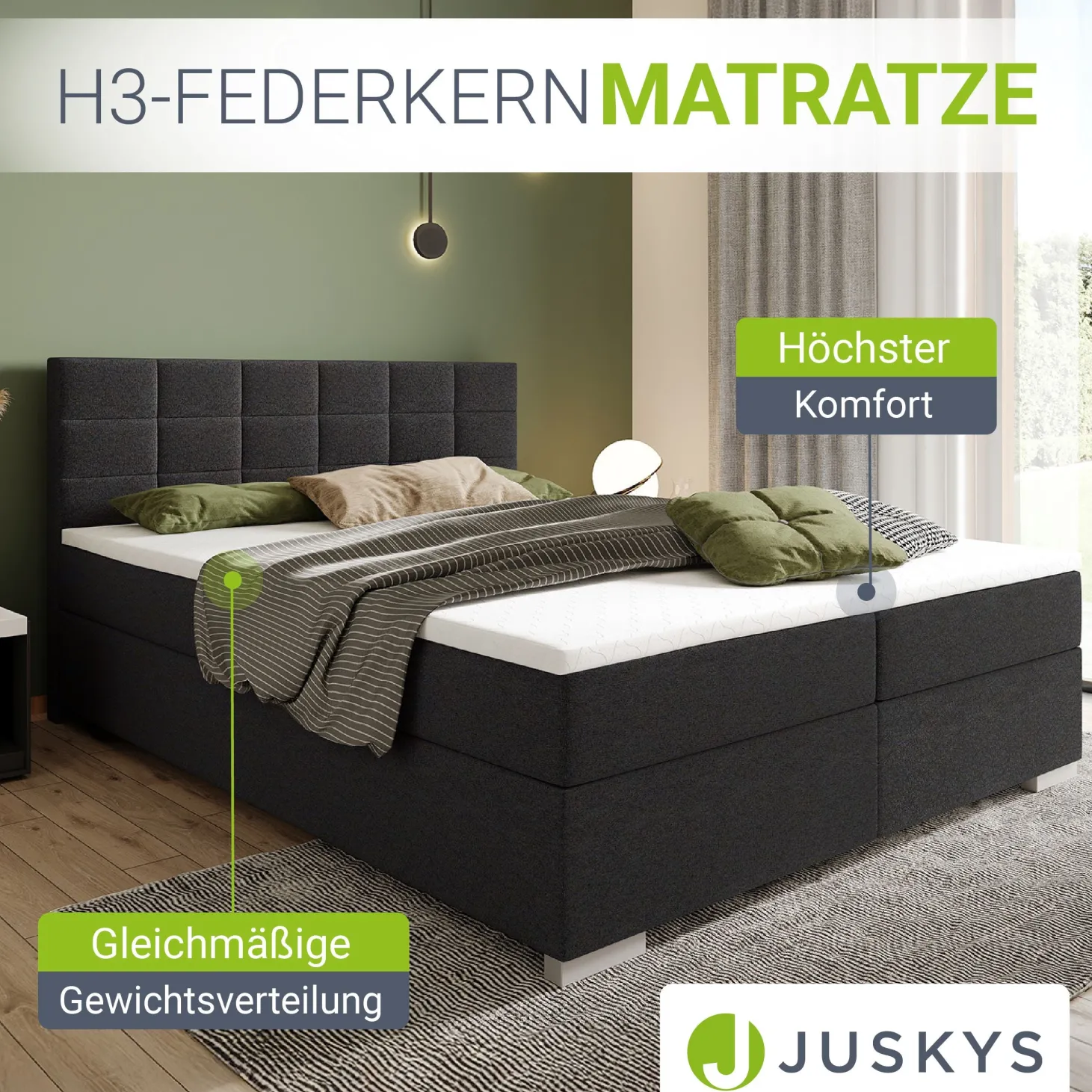 Boxspringbett Seattle - Malmo-Stoff Eleganz & Komfort: Gepolstertes Kopfteil, Federkernmatratze