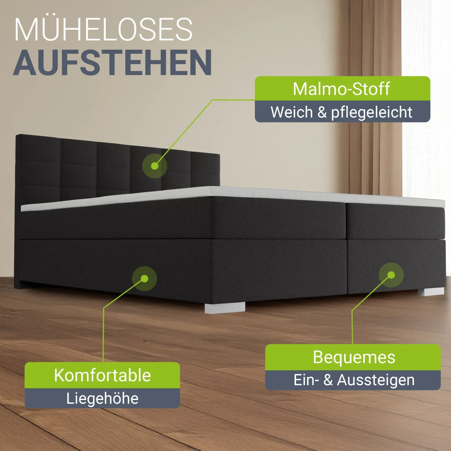Boxspringbett Seattle - Malmo-Stoff Eleganz & Komfort: Gepolstertes Kopfteil, Federkernmatratze