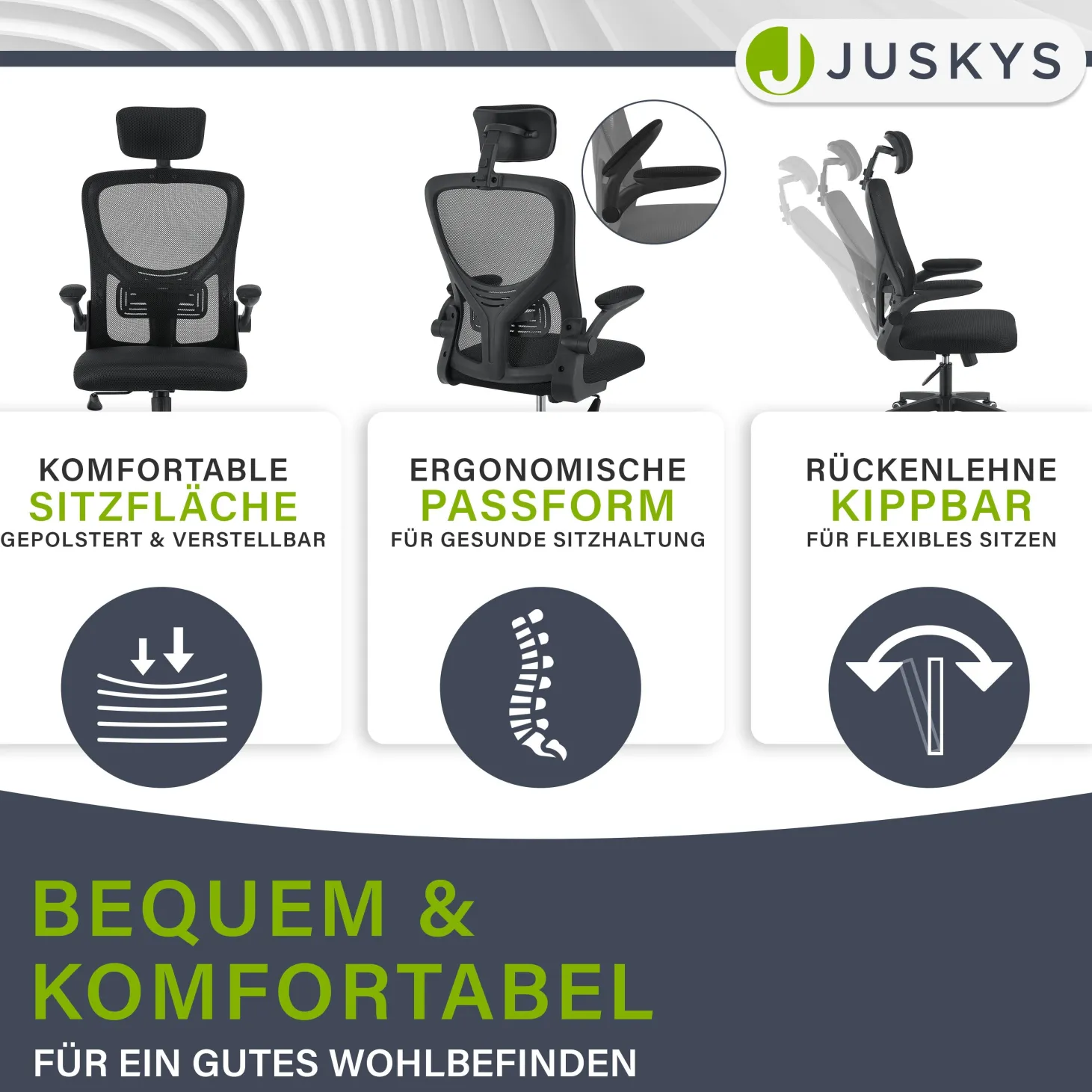 Bürostuhl Baltimore Ergonomischer Stuhl, höhenverstellbar mit Kopf- & Lendenstütze
