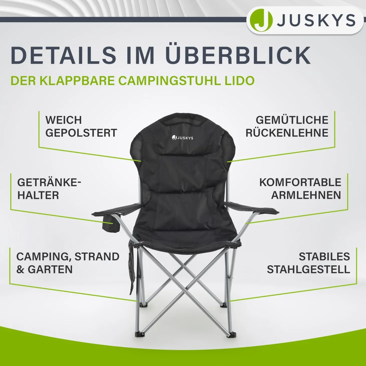 Campingstuhl Lido Gepolsterter Klappstuhl mit Getränkehalter & Tasche