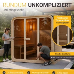 Cube Fasssauna Fjora L Für 6 Personen |180 x 228 x 225 cm (LxBxH) | 9 kW Saunaofen
