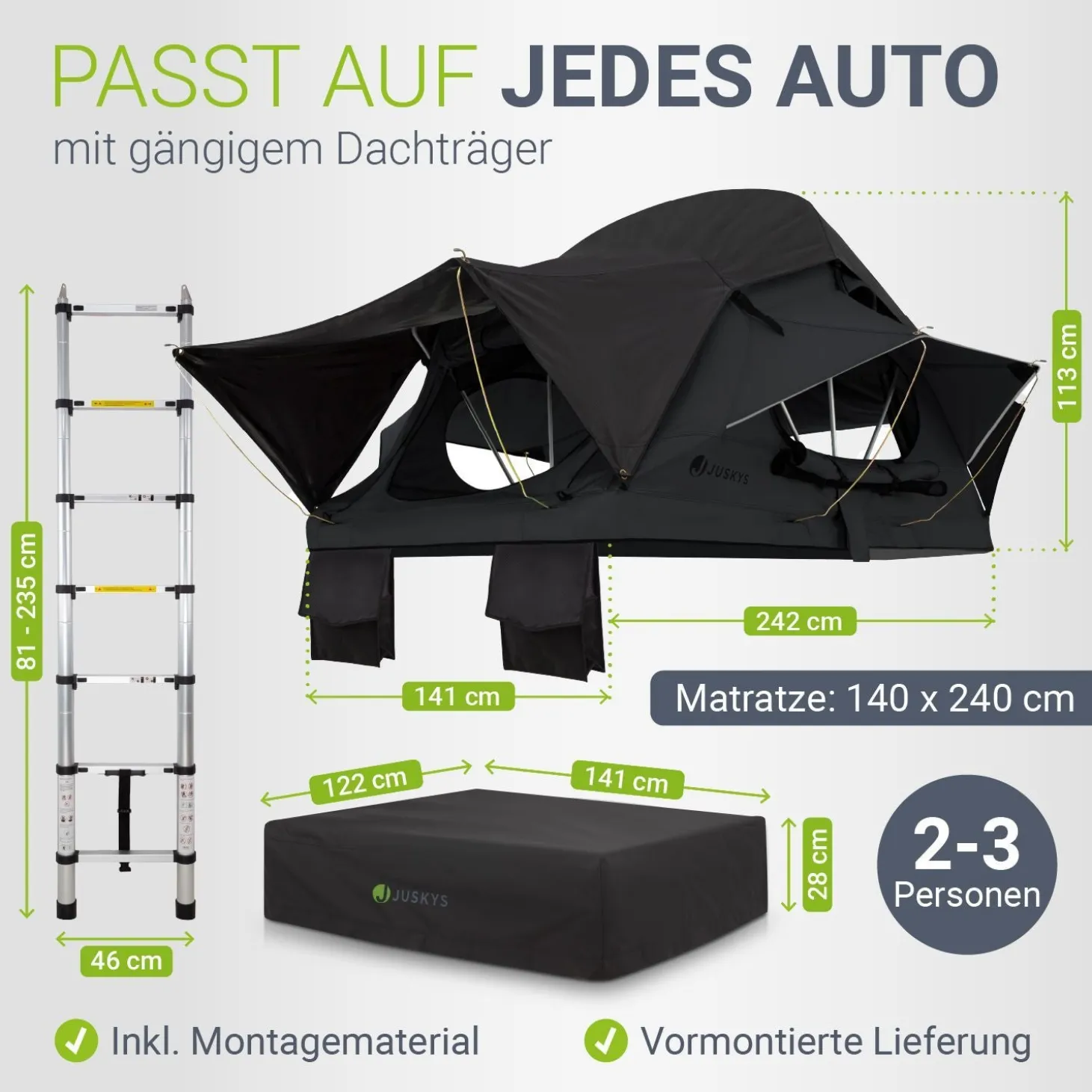 Dachzelt Lago für 2-3 Personen Autodachzelt für Camping & Roadtrips