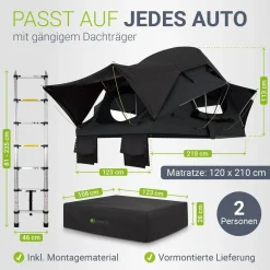 Dachzelt Lago für 2-3 Personen Autodachzelt für Camping & Roadtrips