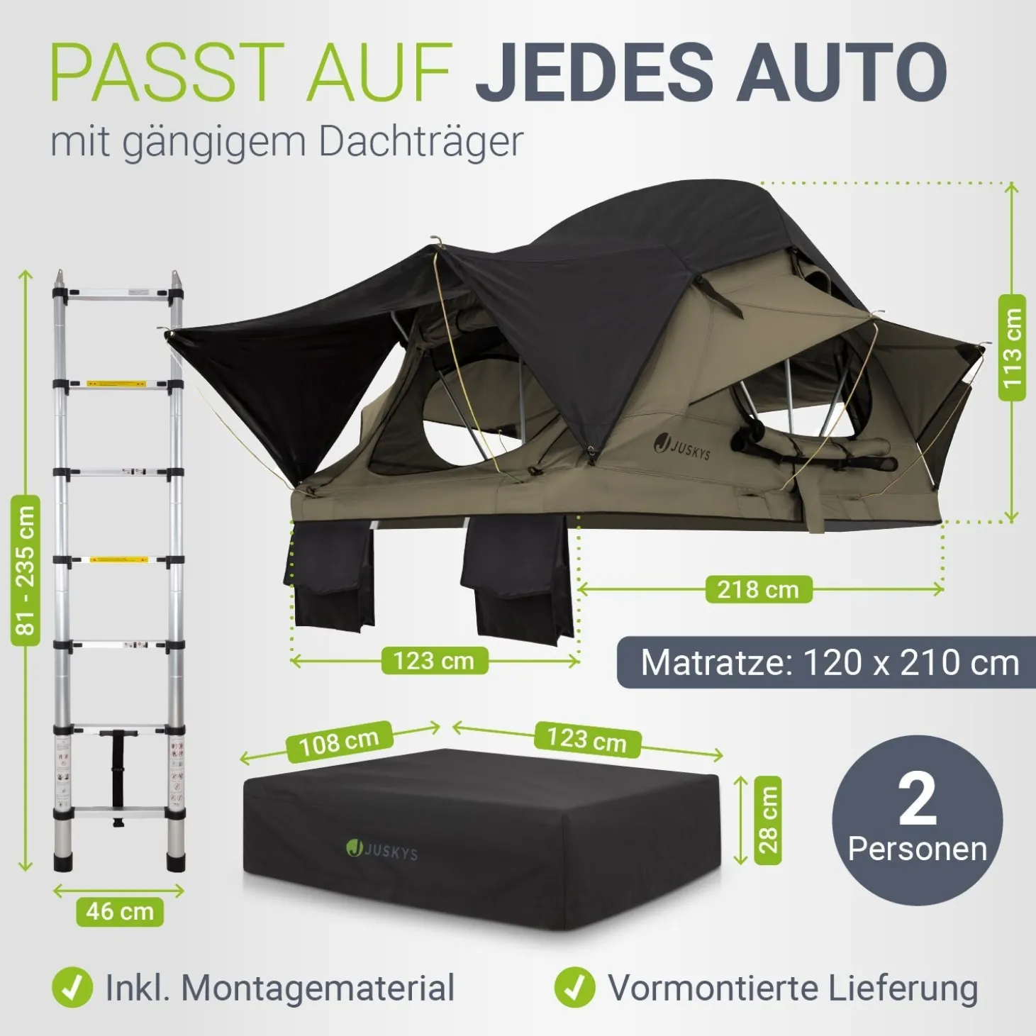 Dachzelt Lago für 2-3 Personen Autodachzelt für Camping & Roadtrips