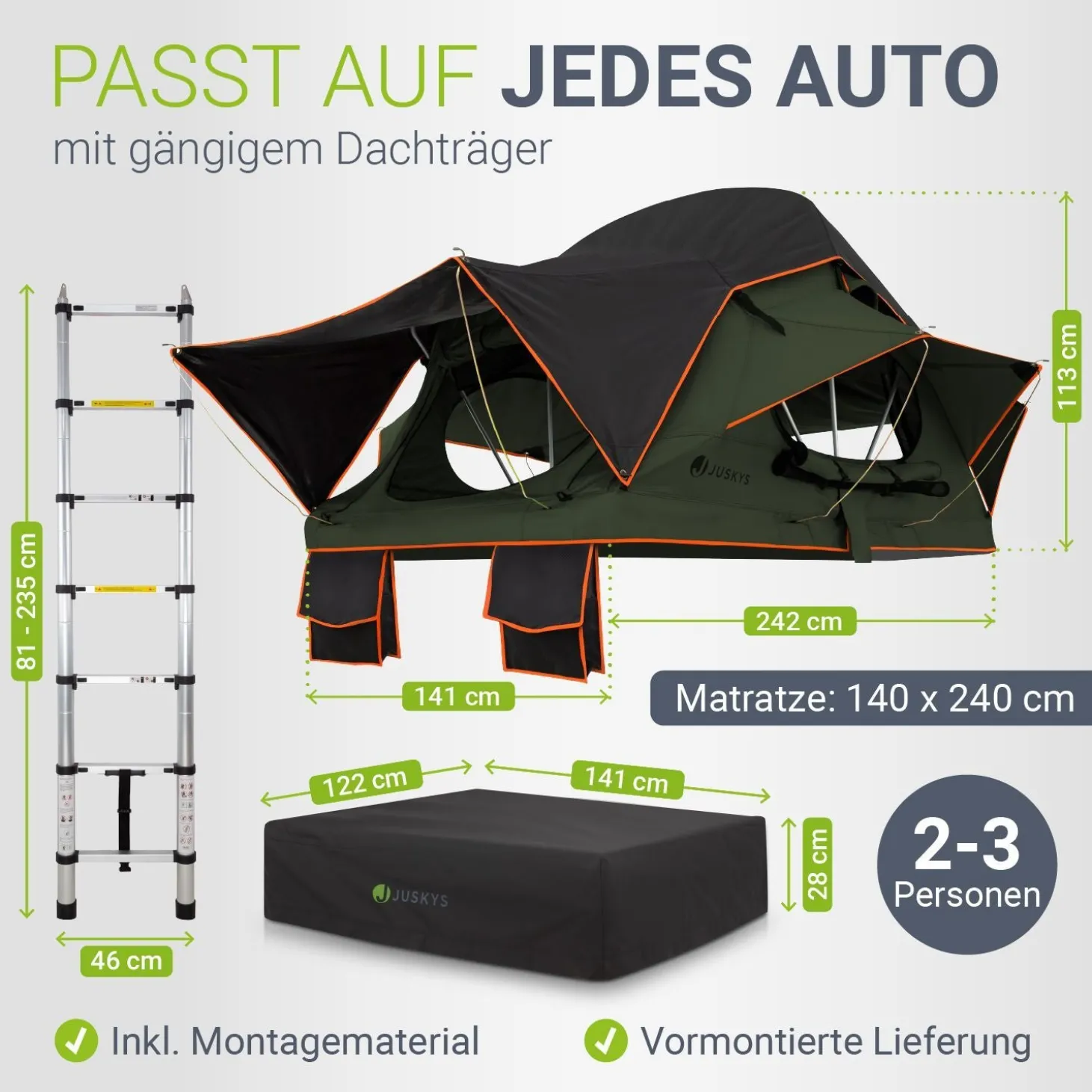 Dachzelt Lago für 2-3 Personen Autodachzelt für Camping & Roadtrips