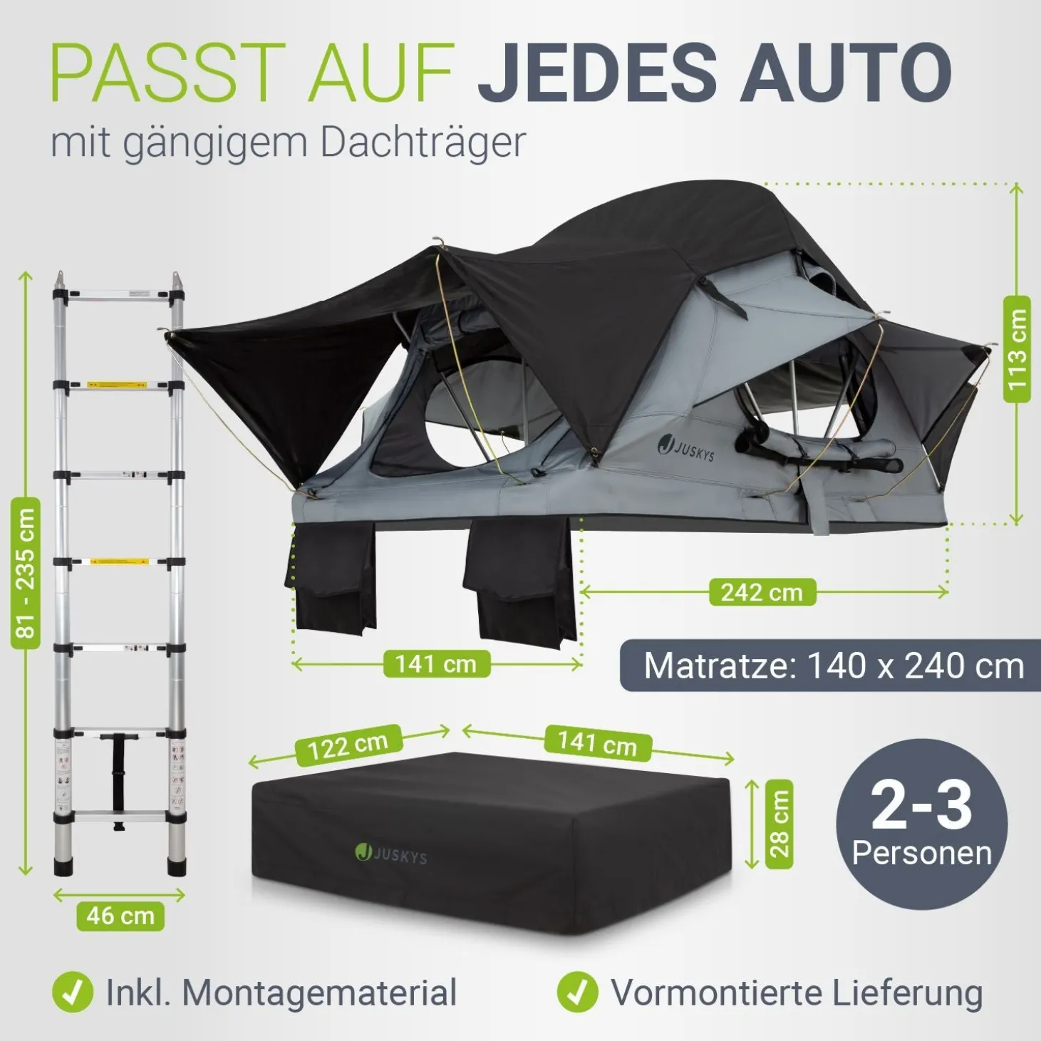 Dachzelt Lago für 2-3 Personen Autodachzelt für Camping & Roadtrips