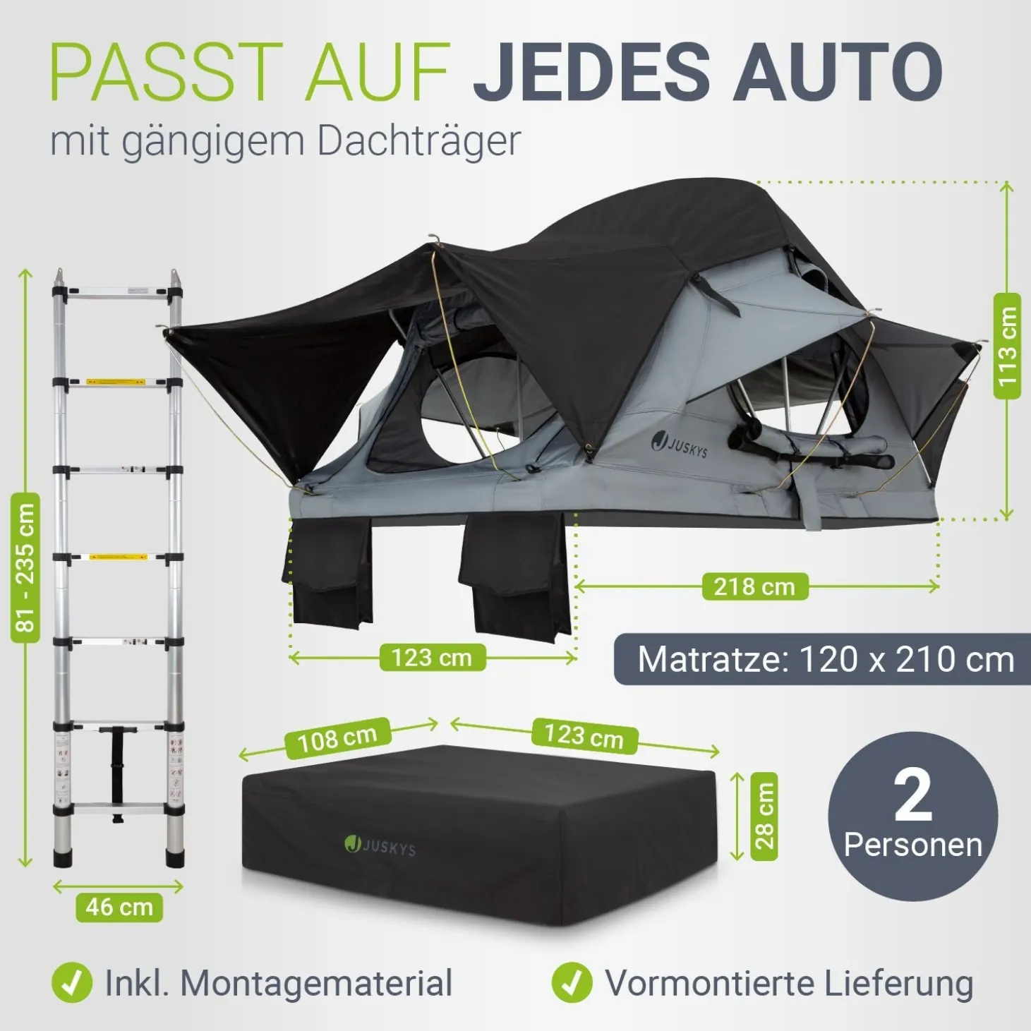 Dachzelt Lago für 2-3 Personen Autodachzelt für Camping & Roadtrips