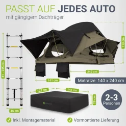 Dachzelt Lago für 2-3 Personen Autodachzelt für Camping & Roadtrips