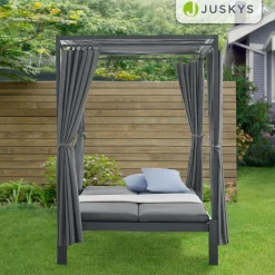 Doppel-Loungebett Kreta Outdoor Sonnenliege für 2 Personen mit Vorhängen, Dach & Rückenlehne
