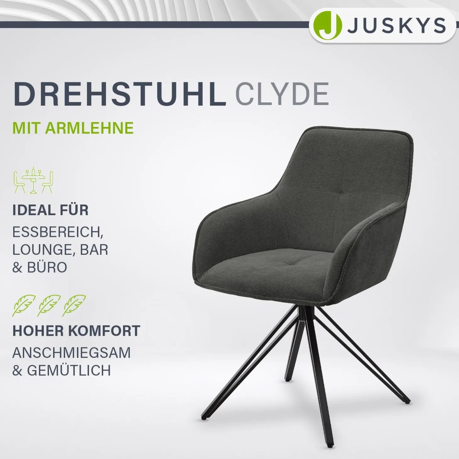 Drehstuhl Clyde mit Cord Stilvoller Stuhl fürs Wohn- & Esszimmer