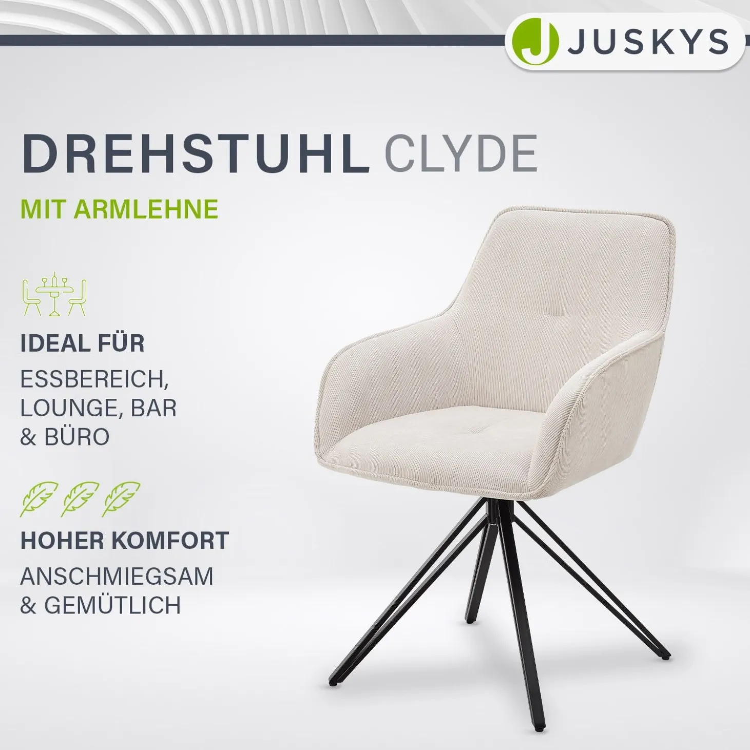 Drehstuhl Clyde mit Cord Stilvoller Stuhl fürs Wohn- & Esszimmer
