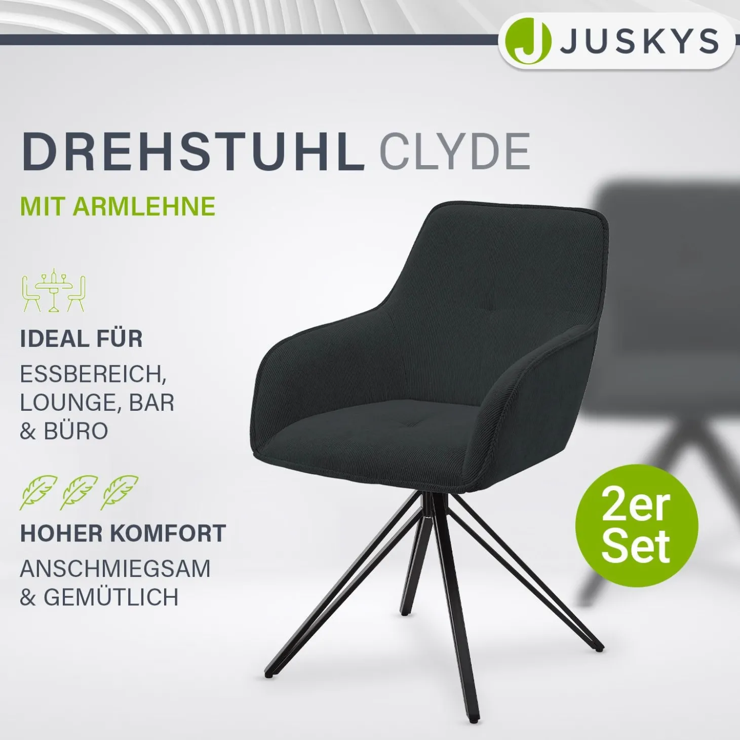 Drehstuhl Clyde mit Cord Stilvoller Stuhl fürs Wohn- & Esszimmer