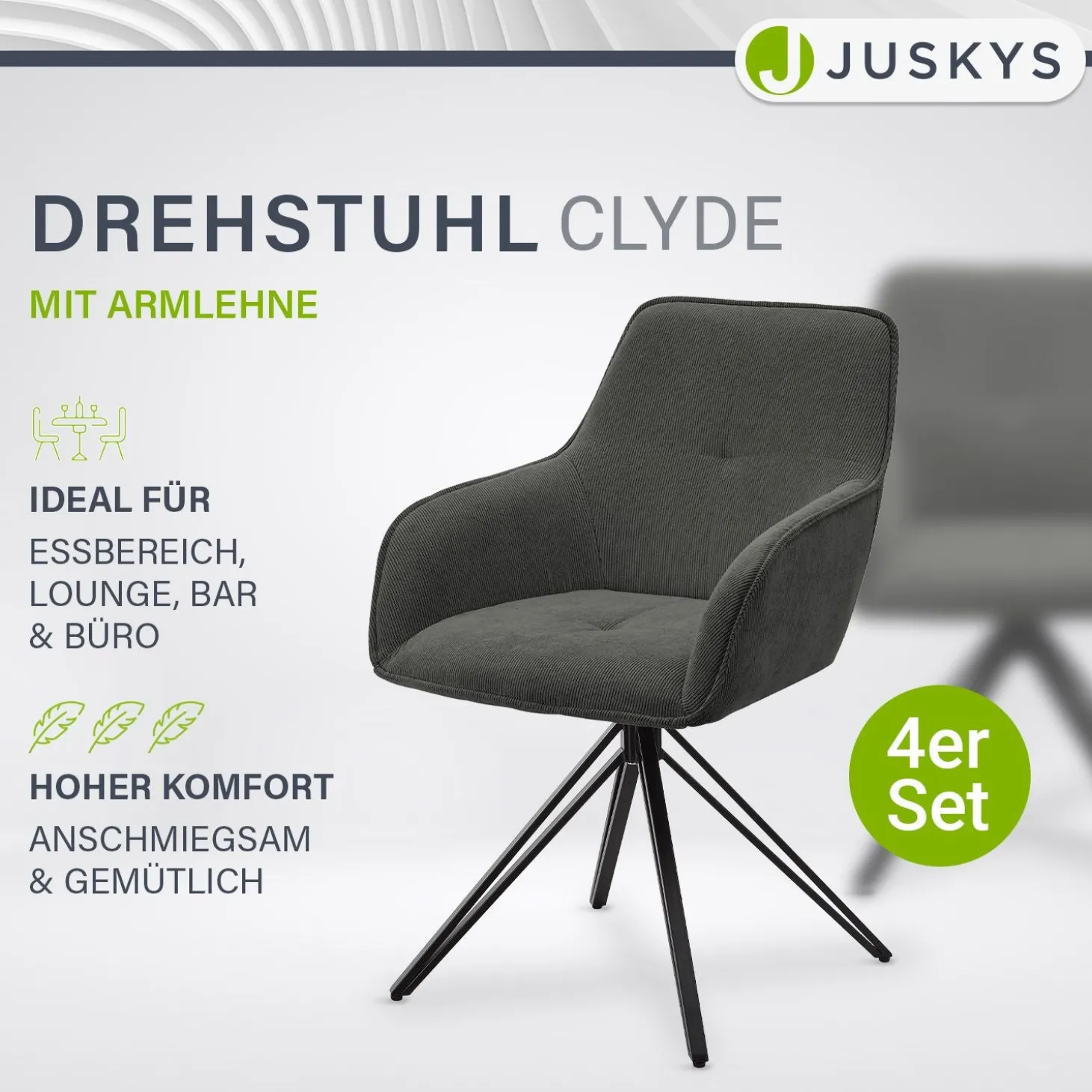 Drehstuhl Clyde mit Cord Stilvoller Stuhl fürs Wohn- & Esszimmer